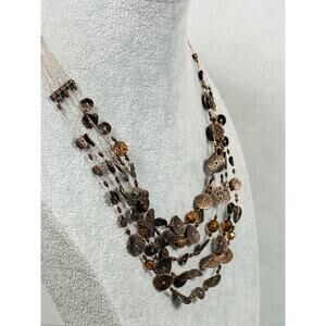 Chicos Necklace Layered Bronze Tone Textured Metal Stations Wired Cord Jewelry
